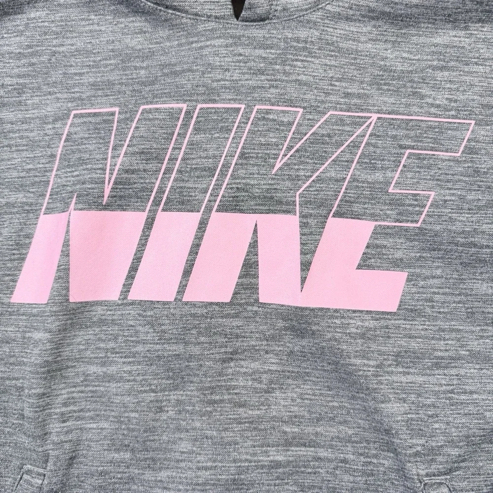 Nike Dri-Fit Hoodie Womens Medium Gray Pink Spellout Loose Fit Cropped Pullover